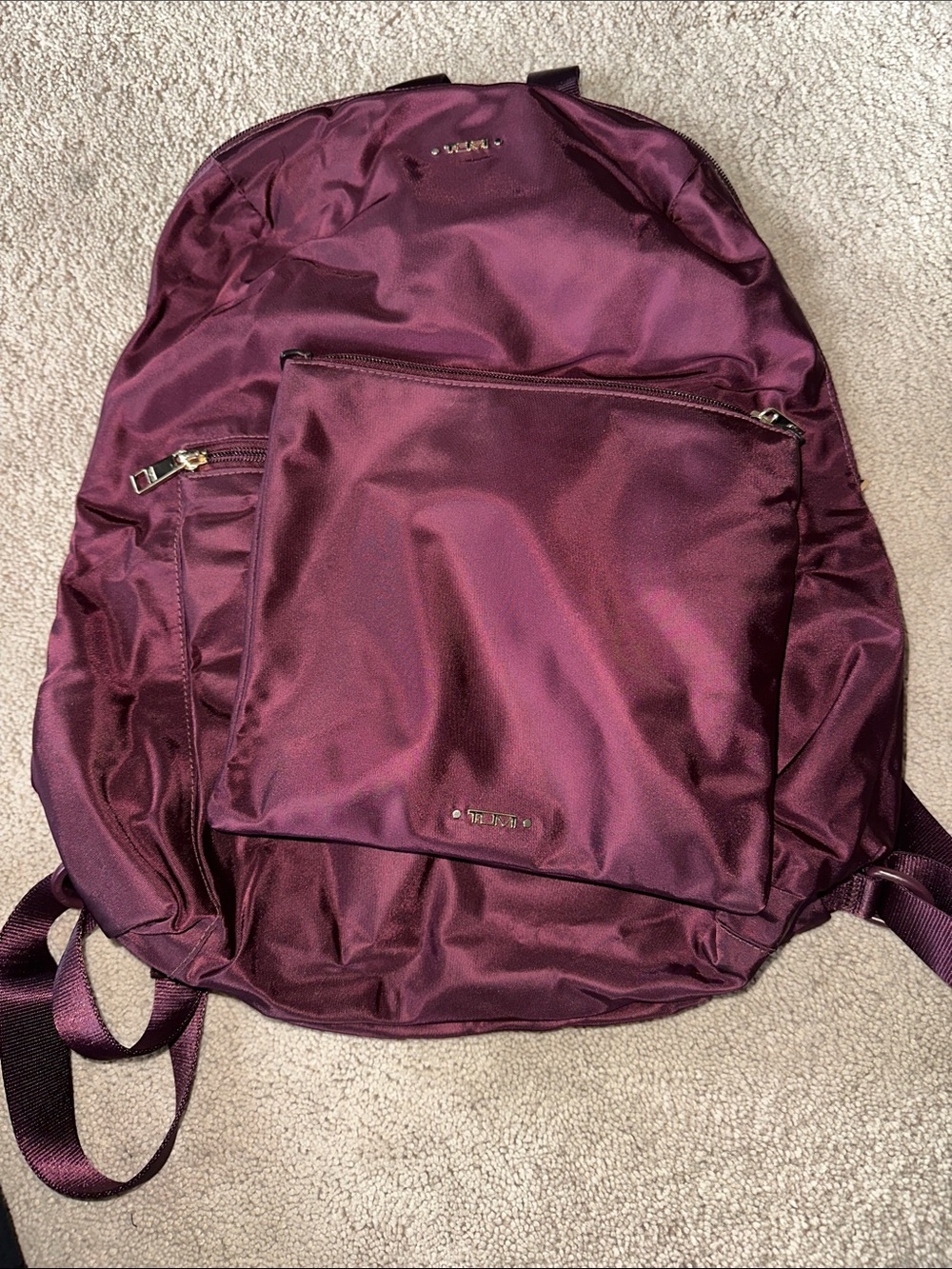 Tumi Plum Nylon Backpack with Storage Pouch - Gold Logo